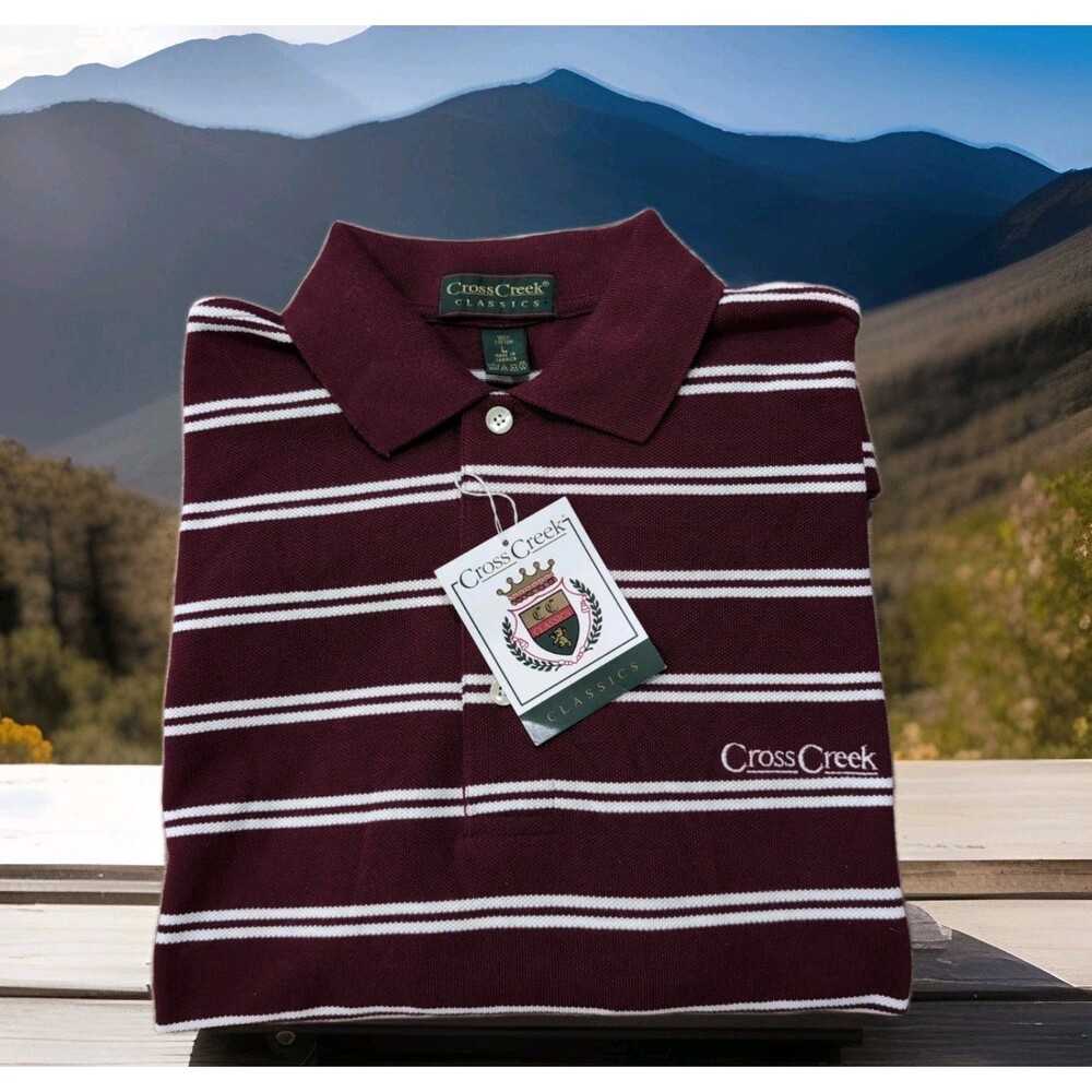 VINTAGE CROSS CREEK POLO SHIRT MEN'S SIZE LARGE MAROON/WHITE STRIPES GOLF NWT